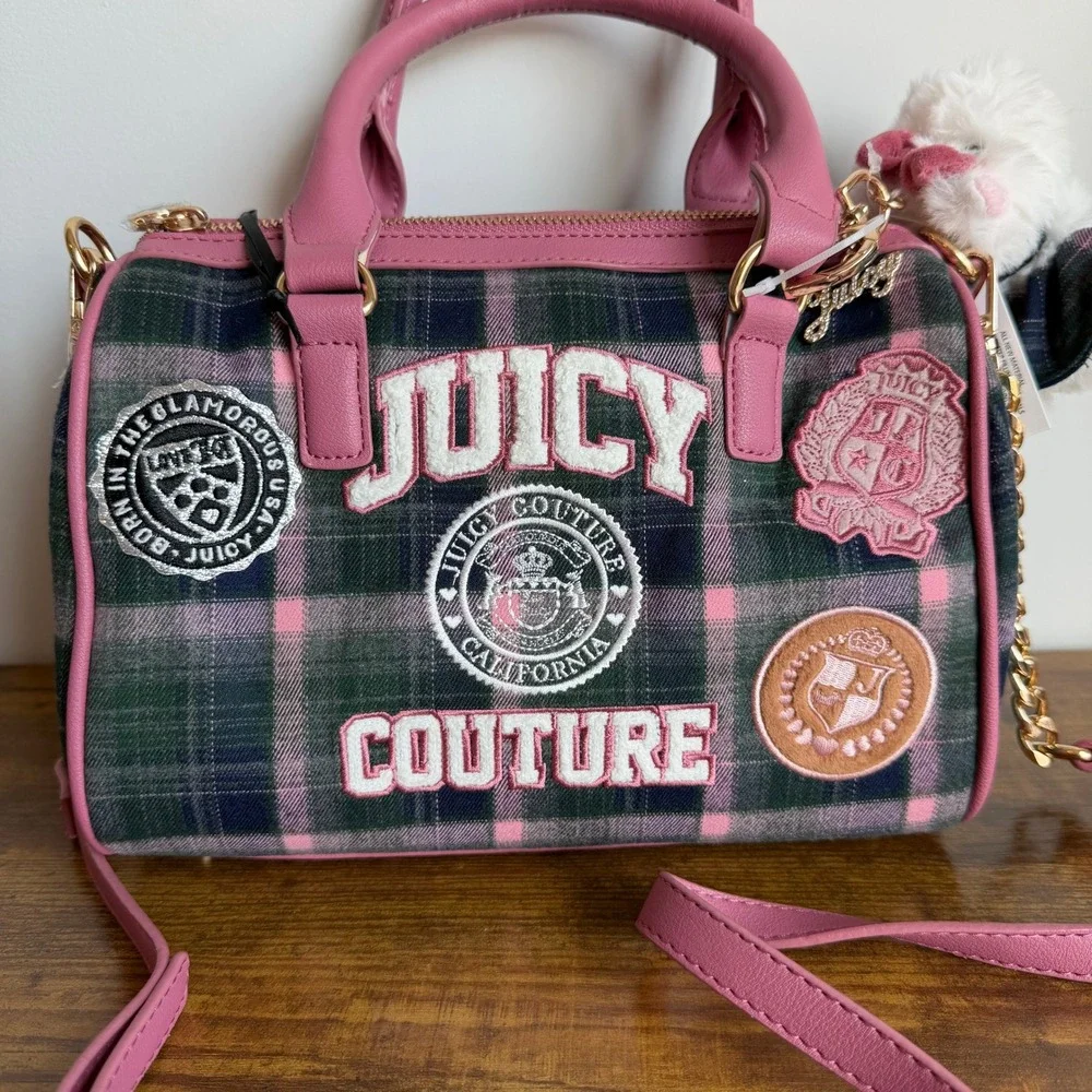 New Juicy Couture Varsity Plaid Satchel Pink Green Crossbody Handbag Scottie